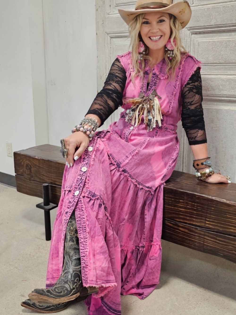 Boho Pink Maxi Dress with Button Front